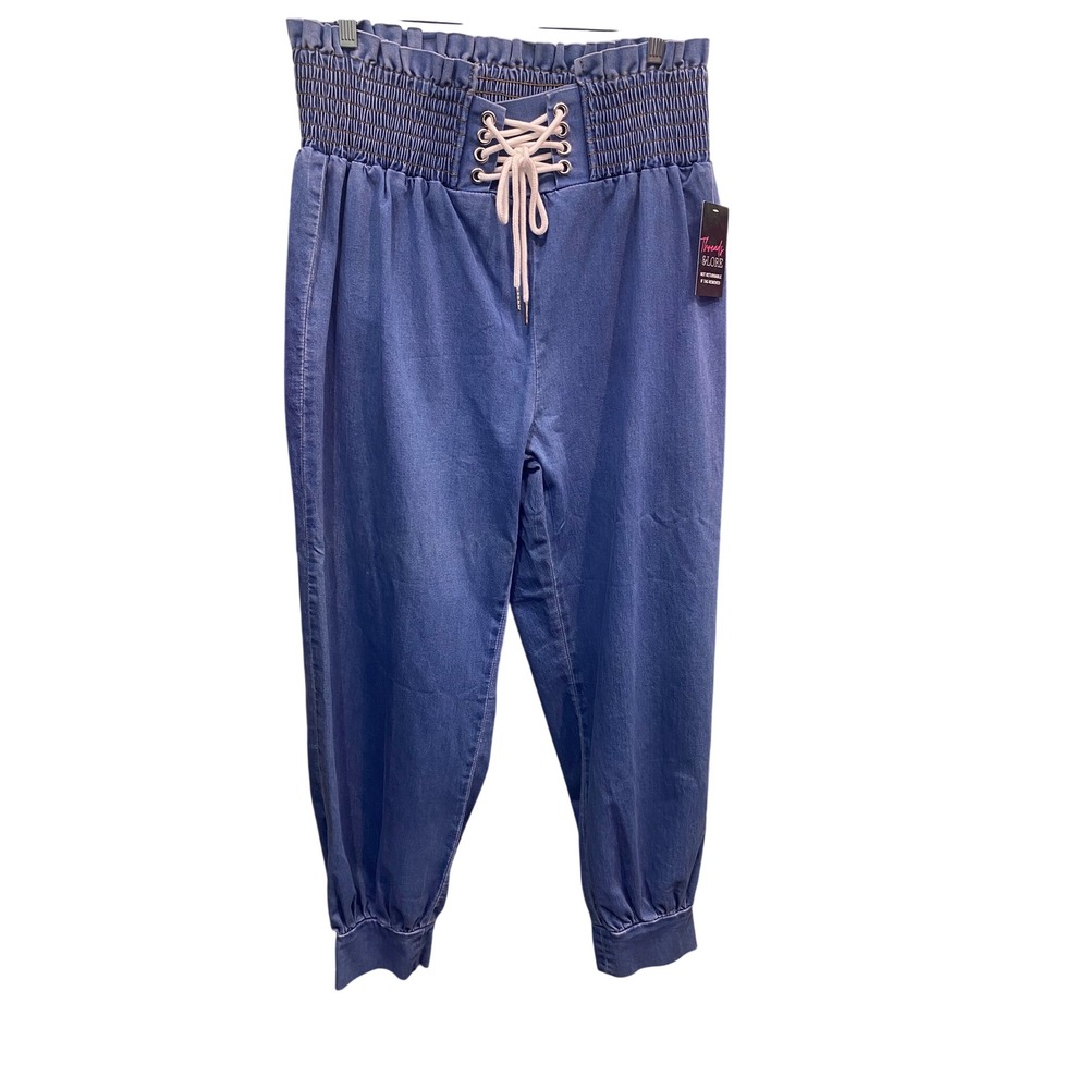 paper bag xl Denim Jogger Pants Lace Up Smocked Waist Relaxed Fit Roma XL